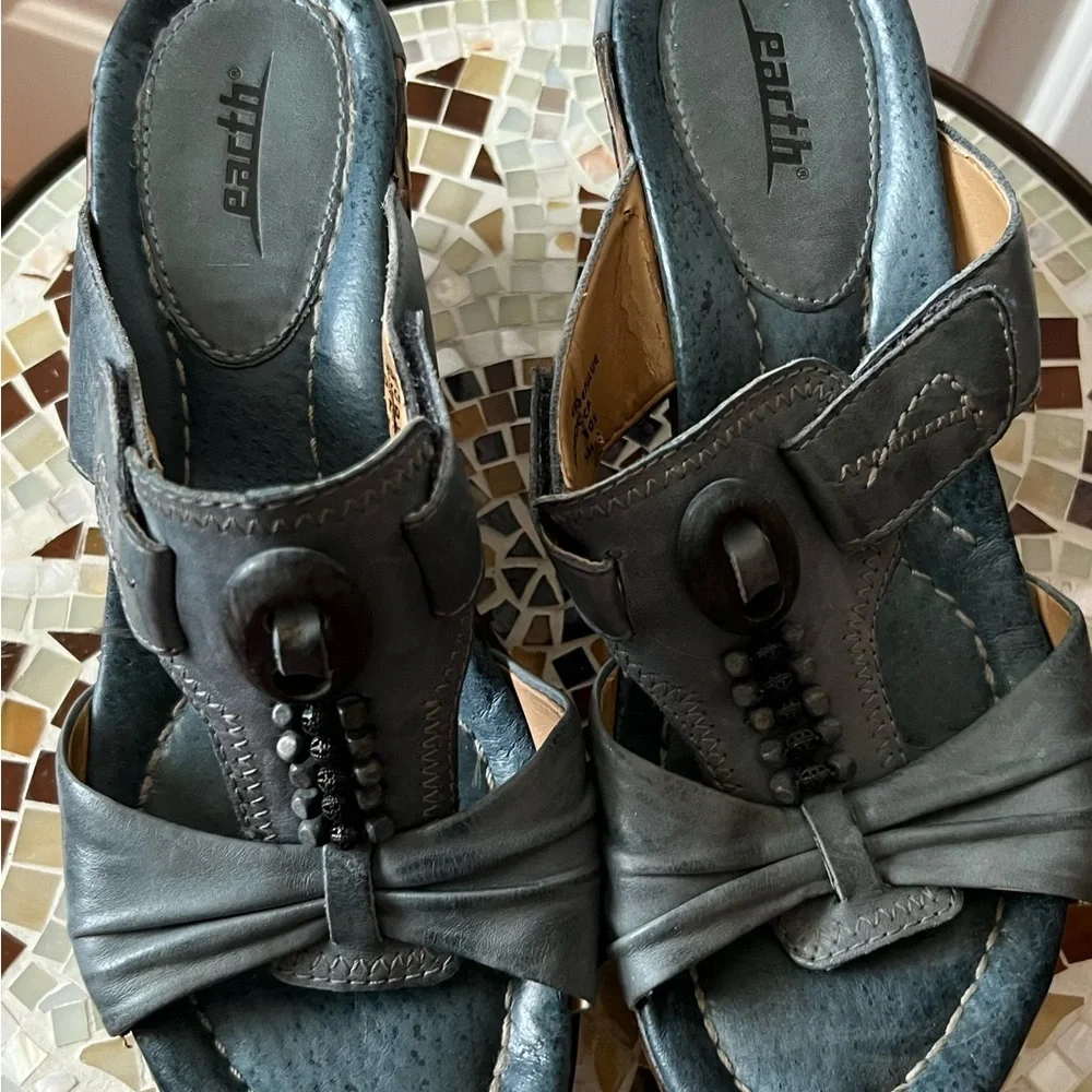 Earth Moraccan Blue Eden Adjustable Beaded Lattice Wedge Sandals Boho EUC 10B